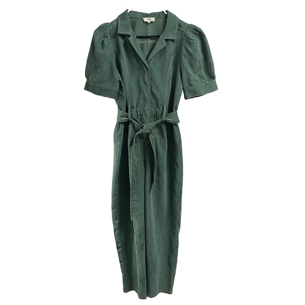 Entro Women Corduroy Romper Puff Short Sleeve Green Jumpsuit  Y2k-M